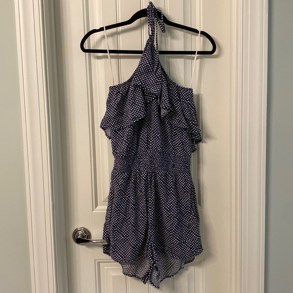Aerie Blue and white ruffle halter romper